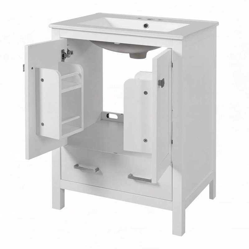 Meuble-lavabo de salle de bain avec lavabo en céramique avec 2 portes et 1 tiroir, Blanc