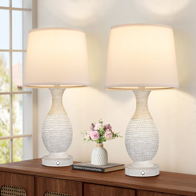 Beige Resin Table Lamp Set with Touch Control and USB A&C
