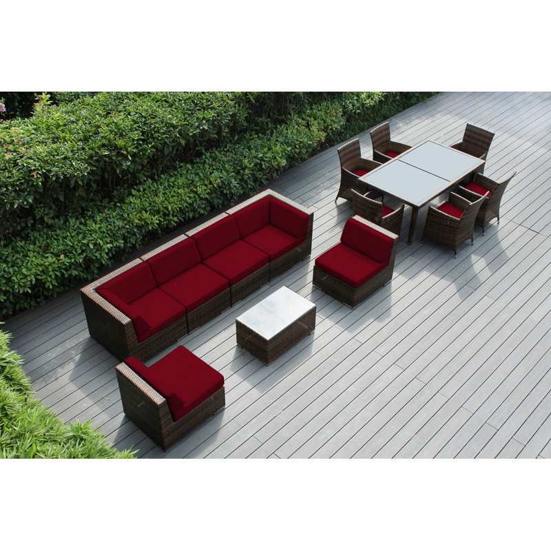 Ensemble de patio complet en rotin avec coussins 14 pièces Pavior, Noir, Toile Sunbrella® rouge Jockey