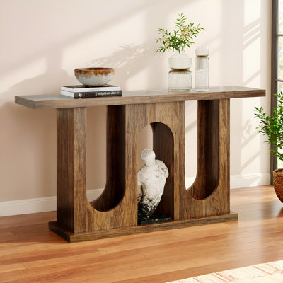 55 Inch Wooden Console Table, Farmhouse Sofa Table with Three Arched Open Storage