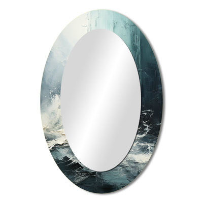 Minimalism Black And White Paint Wave IV - Blue Coastal Oval Wall Mirror