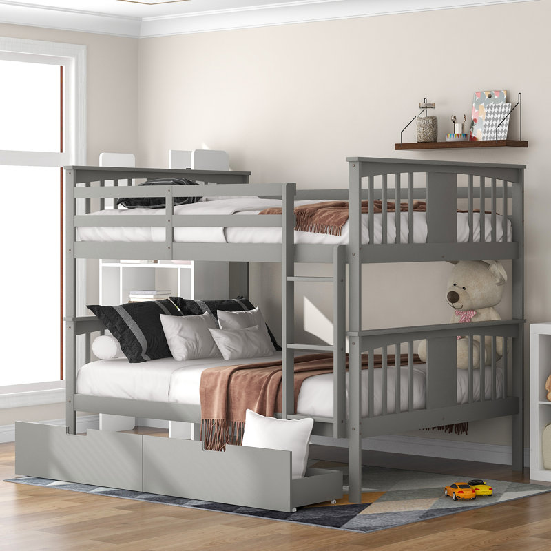 Full Over Full Bunk Bed With Drawers And Ladder For Bedroom, Guest Room Furniture-, Gray