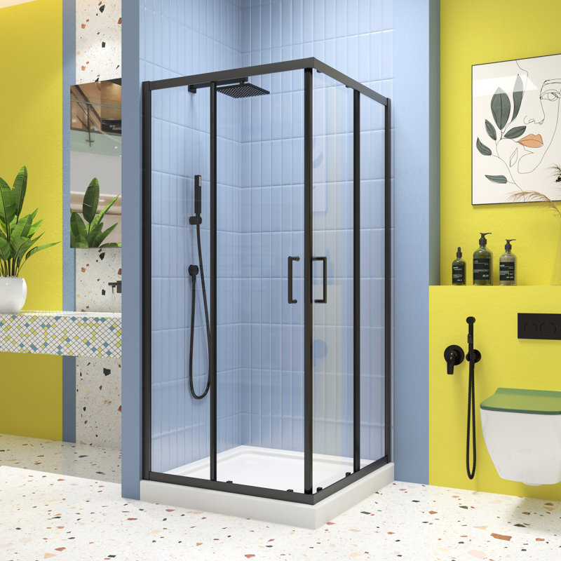 Matte Black Sliding Shower Door, 1/4" Tempered Clear Glass, 34.625 In. X 72 -Angle Pivot Enclosure With Marvelous Stainless Steel Handle