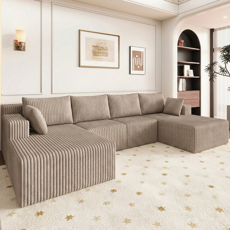 Boneless 124" U-Shape Cloud Couch, Modern Modular Sectional U-Shape Sofa, Corduroy Upholstered Couches Deep Seat Sleeper Chaise Longue for Living Room, No Assembly Required