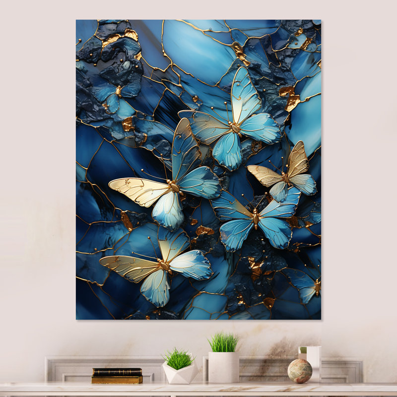 «Golden Blue Crystal Butterflies», reproduction d'art murale abstraite en métal, H 32 po x l 16 po x P 1 po