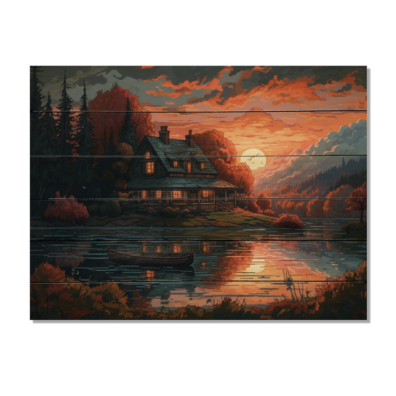 Autumn Sunset Cottage II sur impression sur bois, H 10 po x l 20 po x P 0,78 po