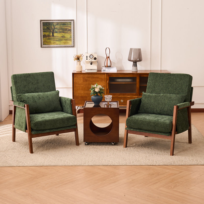 Accent Chair Mid-Century Modern Chair with Lumbar Support Pillow, Upholstered Living Room Chairs with Wooden, Chenille Armchair with Cushion, Comfy Side Chair for Bedroom, Balcony
