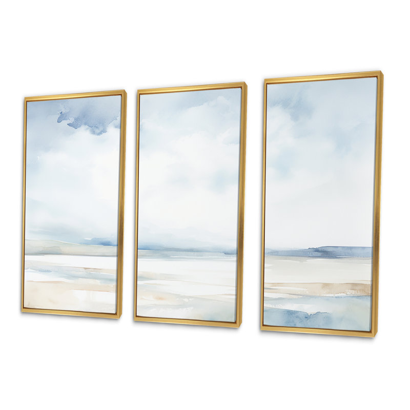 Minimalisme, ciel nuageux paysage II - ensemble d'art mural sur toile ciel, Cadre flottant doré, H 28 po x l 36 po x P 1 po