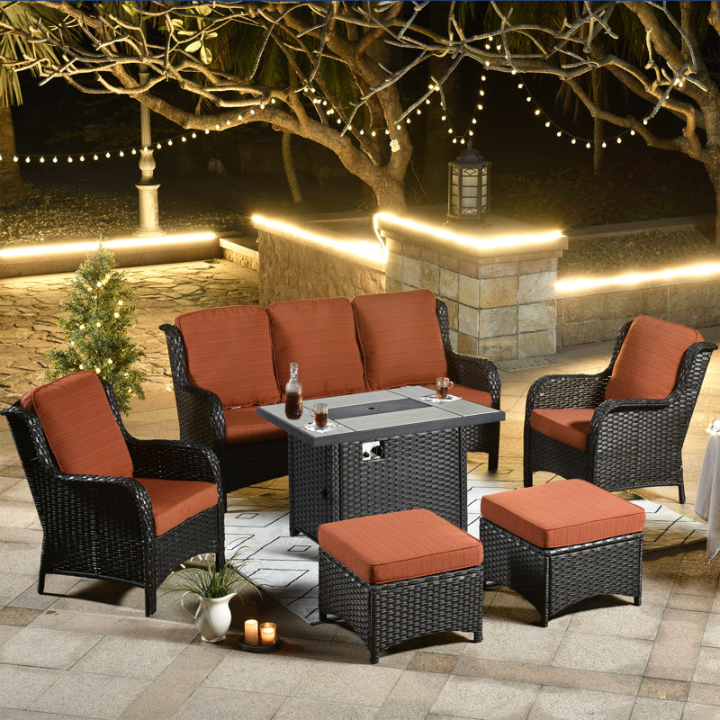 NTC Premium All-Weather Wicker 7 - Person Patio Conversation Set with Cushions, Orange