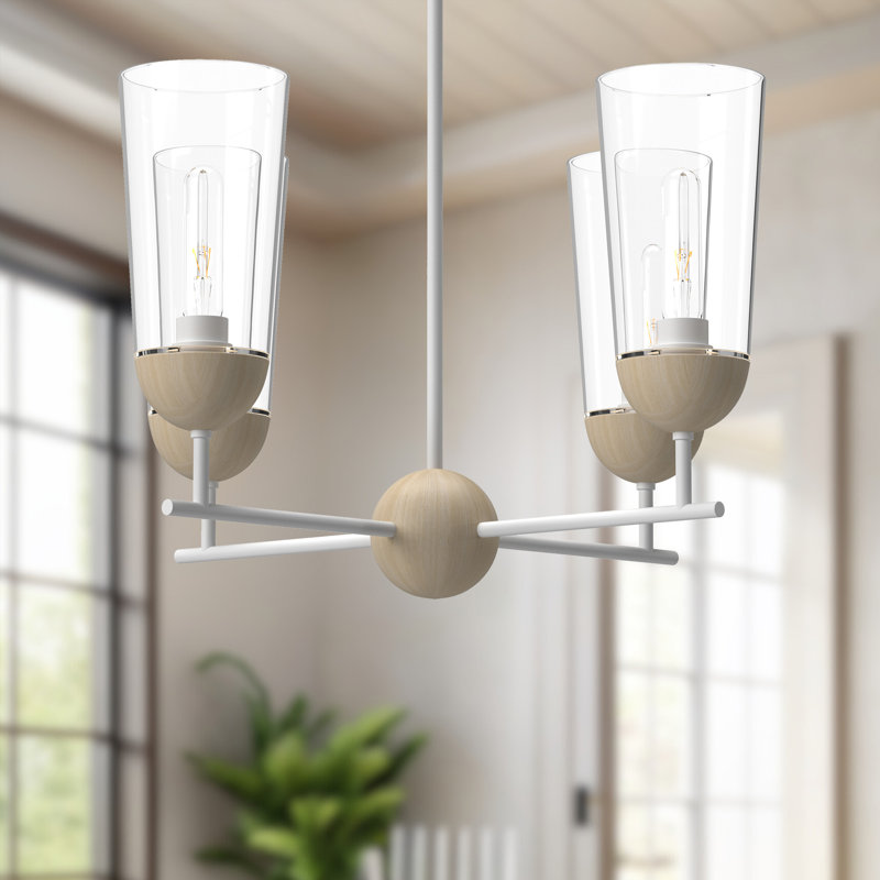 Lustre sphérique spoutnik à 4 lumières Harstad, Blanc / chêne blanc