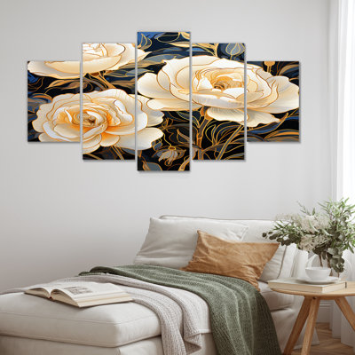 «White Rose Golden Leaves Retro Blue - Roses», ensemble d'art mural 5 pièces