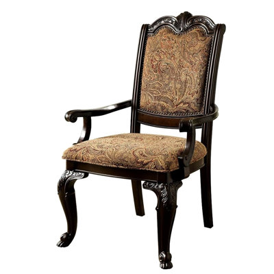 Chaises avec accoudoirs traditionnelles en bois massif, finition cerisier brun, siège rembourré pour les chaises de salle à manger formelles de 2, tissu imprimé, structure