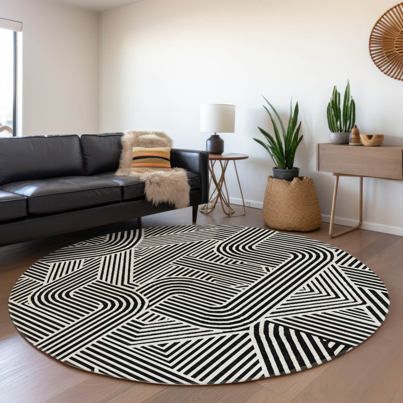 Premium Machine Washable Prisco Black Rug, Round 8'