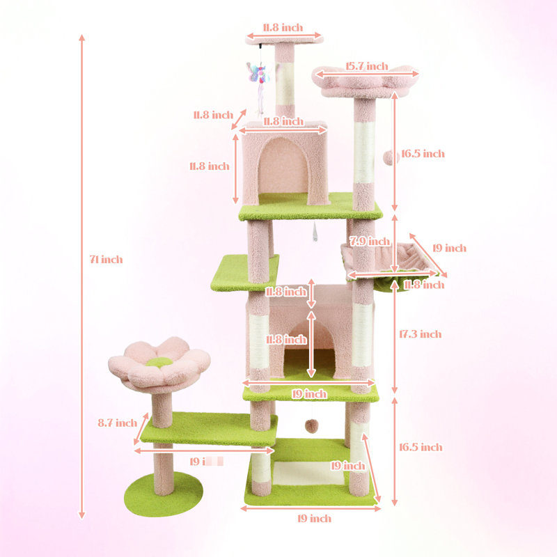Très grand arbre à chat de 72 pouces de hauteur, structure à 8 niveaux, zones de grattage verticales, 4 arbres à félin actifs à motif de fleurs roses avec coussin amovible et un rectangle unique, offrant votre luxe