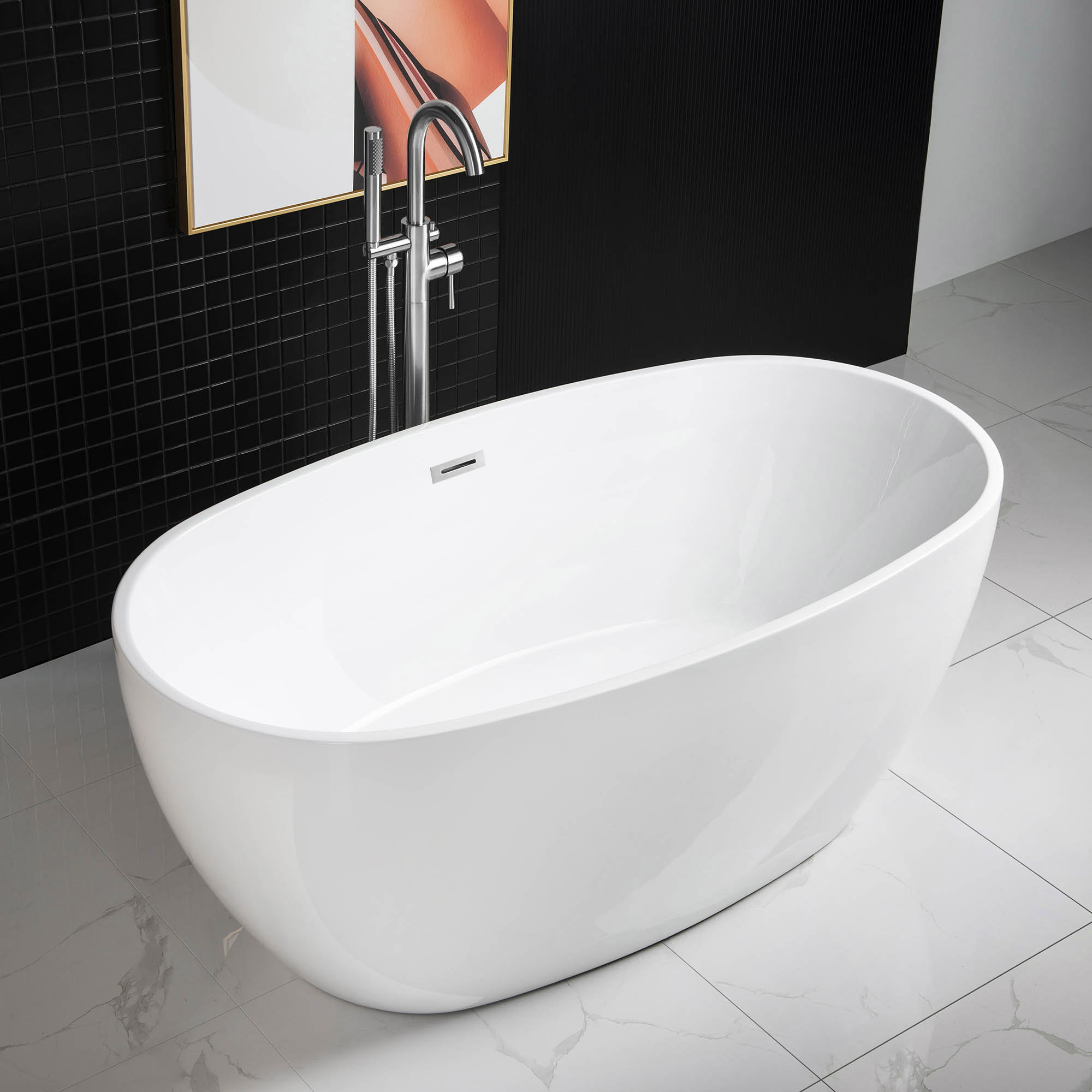 Ember 59'' Soaking Acrylic Bathtub, White, Chrome