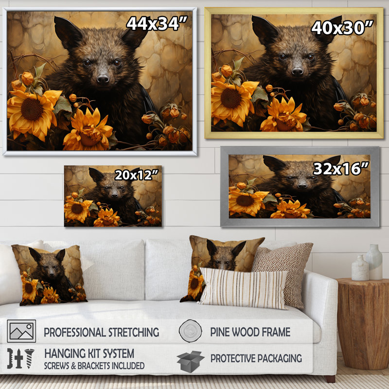 Baroque Bat Elegance - Art mural chauve-souris animal, Cadre flottant blanc, H 16 po x l 32 po x P 1 po