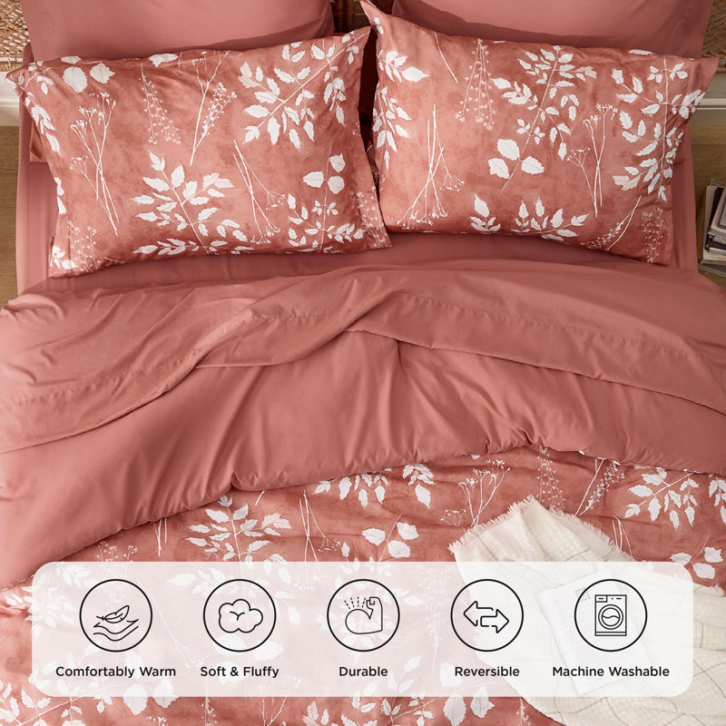 Bedsure Bed in a Bag - Reversible Floral & Plant Pattern Printed with Comforters, Sheets, Pillowcases & Shams, 89GSM