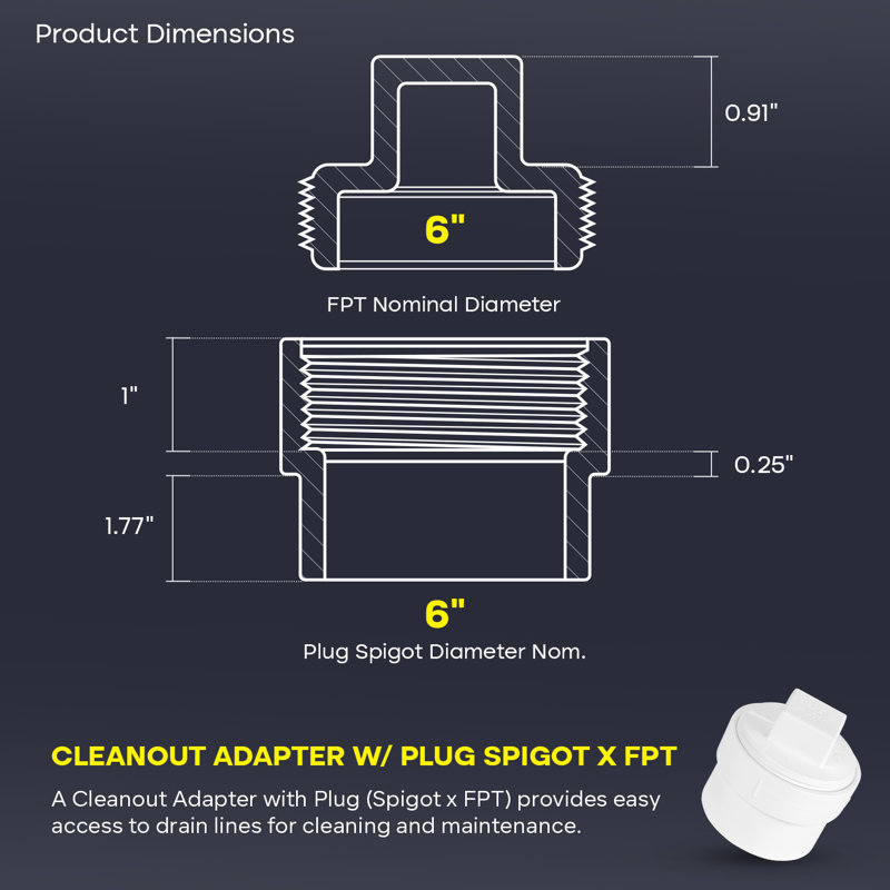 Adaptateur de nettoyage en PVC blanc 6 pouces Système d'évacuation, d'évacuation et d'évacuation Plug-and-Slip x femelle (paquet de 10)