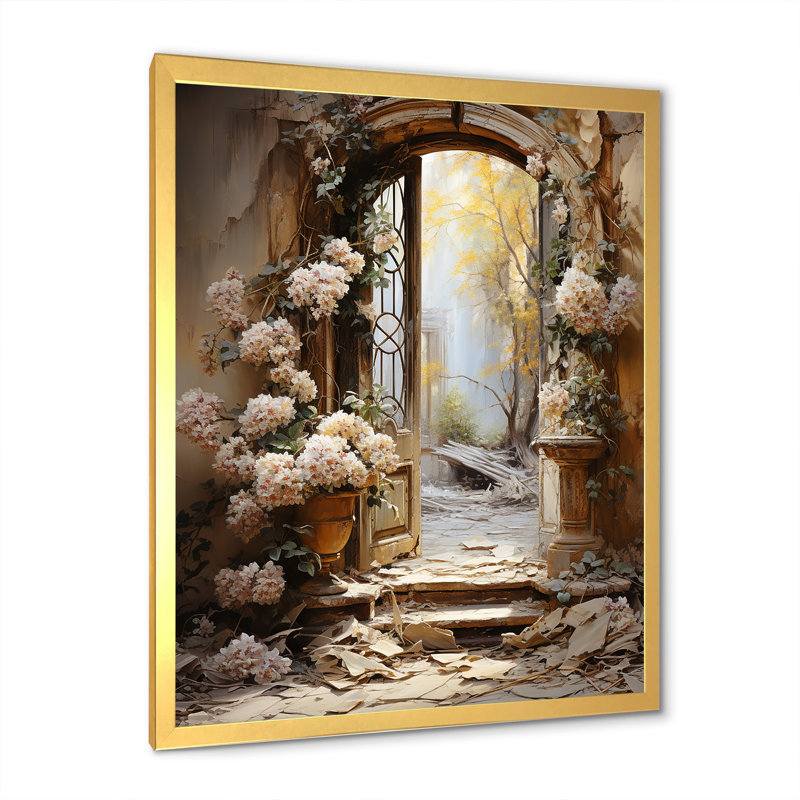 Ruines anciennes «Blooms I» - Art mural fantastique, H 44 po x l 34 po x P 1,5 po, Cadre doré simple