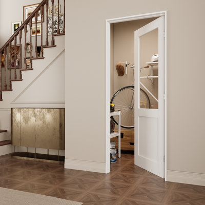 Primed Solid Core Clear Glass Core Panel Door Slab  With Door Jamb / Seal Strip