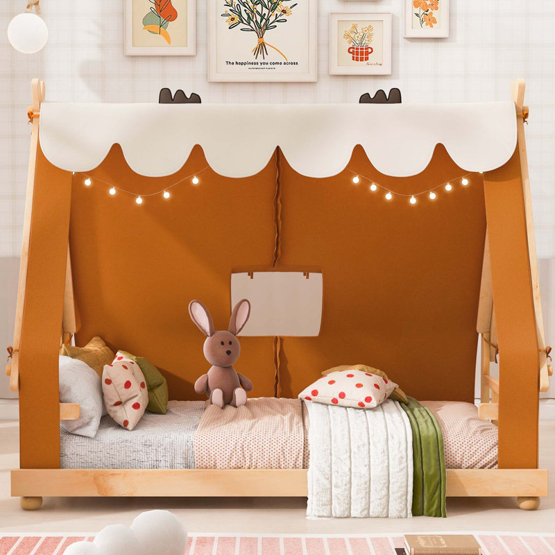 Lit en bois avec tente et lumière, Twin, Brown