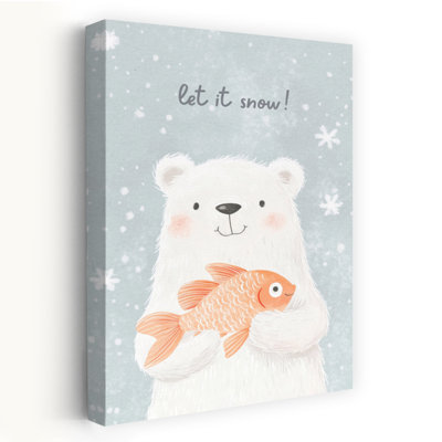 Let It Snow Bear Abstract Contemporary Bear Fish Winter Landscape Wall Art Print 1 Piece Wrapped Canvas Wall Art
