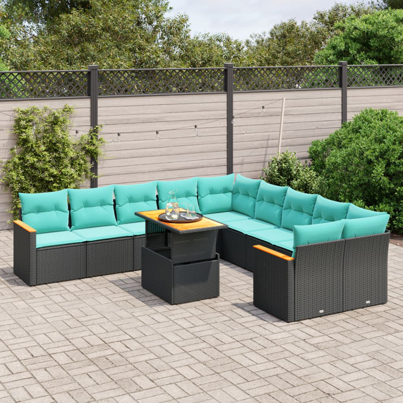  Ensemble de canapé de patio 11 pièces avec coussins en rotin de polyester, Vert, Noir