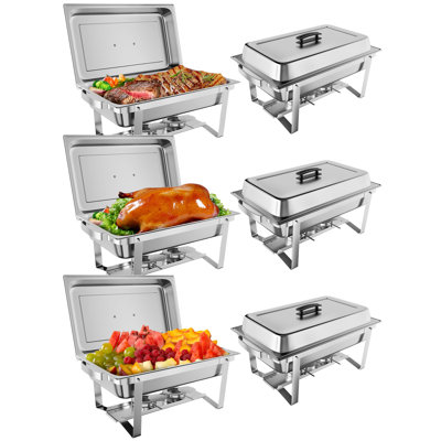 Ensemble de 6 réchauds rectangulaires en acier inoxydable de 8 pintes avec porte-couvercles, cadres pliants, cuillères et pinces pour les fêtes, les banquets et les événements de restauration