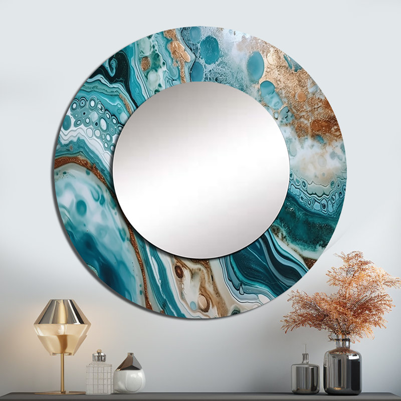 Orlen or bleu demi-cercle marbré abstrait IV - miroir en marbre, miroir mural décoratif moderne, impression d'art en métal