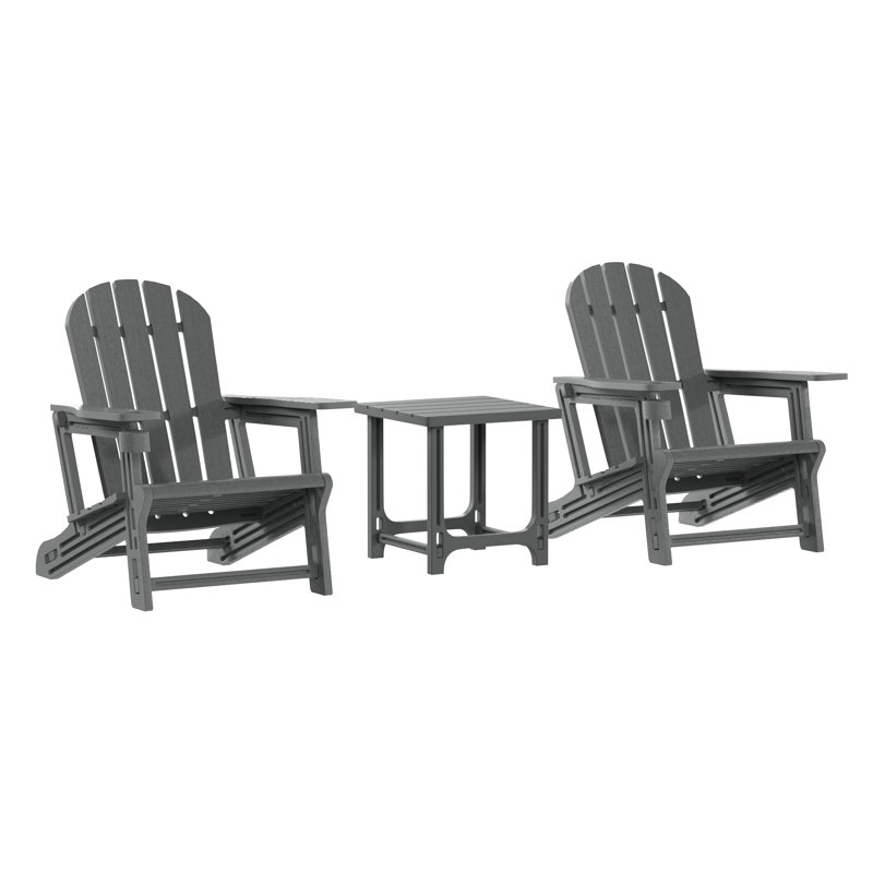 Outdoor Poly 3-Piece Set Adirondack Chair With Side Table, Gray