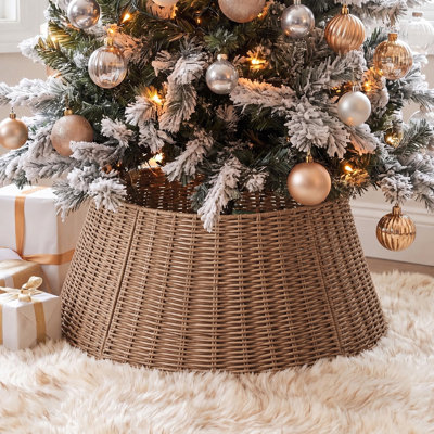 27in Farmhouse Christmas Tree Collar, Wicker Skirt for 7.5ft Artificial Trees,, 4-Piece Wicker Base Cover