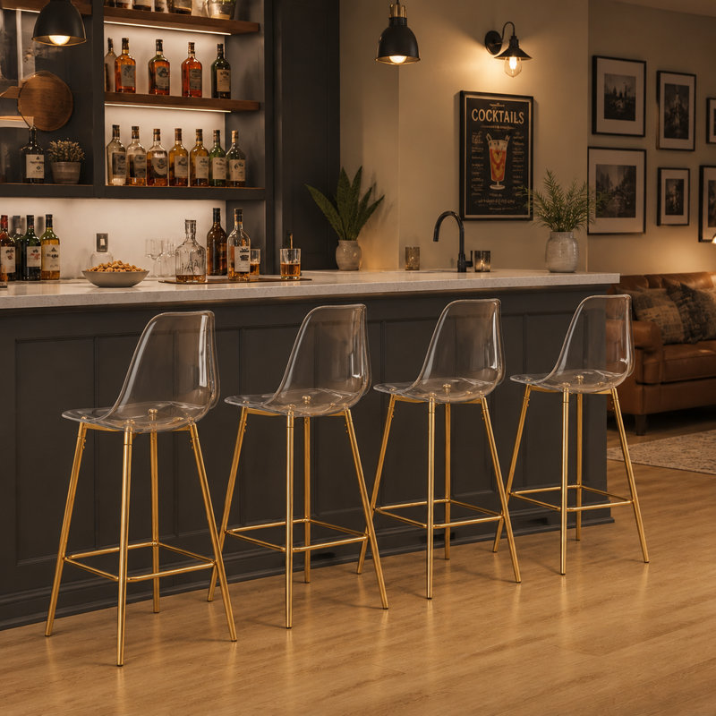 25.6" Modern Clear Acrylic Counter Height Bar Stools with Metal Frame and Footrest, Gold, 4