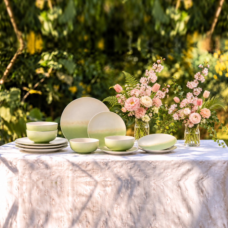 12 Piece Stoneware Dinnerware Set with Plates and Bowls, Service for 4, Green
