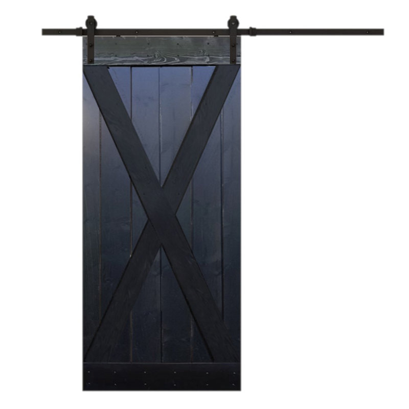 Porte de grange à panneaux en bois en X avec trousse de quincaillerie d'installation, Noir choco