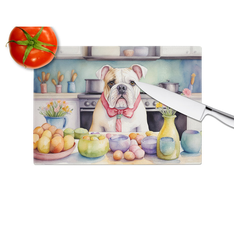 Planche à découper en verre avec décoration de bouledogue anglais de Pâques