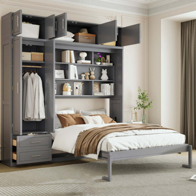 Wall Murphy Bed With Top Cabinet,Shelves  And  Wardrobe, Space Saving Foldable Bed