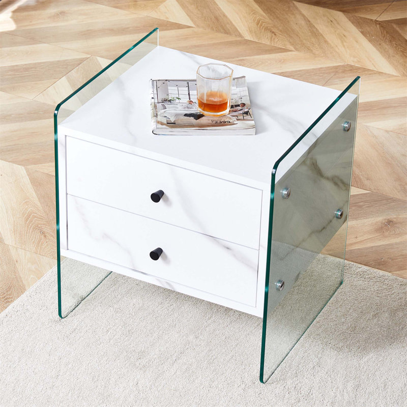 Simple and Elegant Double - drawer Bedside Table with MDF Surface and Tempered Glass Sides, Ideal for Multiple Spaces and Excellent Storage