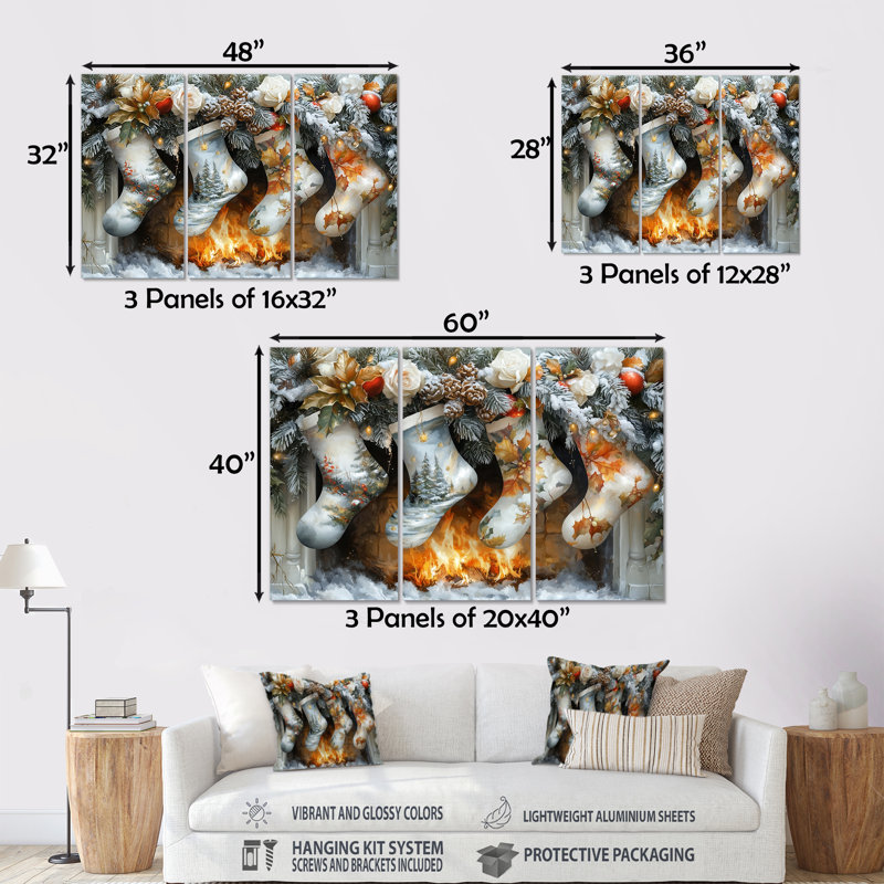 Orange orange bas de Noël II - ensemble de reproductions d'art mural de Noël, Métal métal, H 32 po x l 48 po x P 1 po