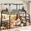Lit mezzanine double avec escalier de rangement et garde-robe, lit mezzanine en métal avec structure à baldaquin et éclairage à DEL, conception spacieuse sous le lit, noir