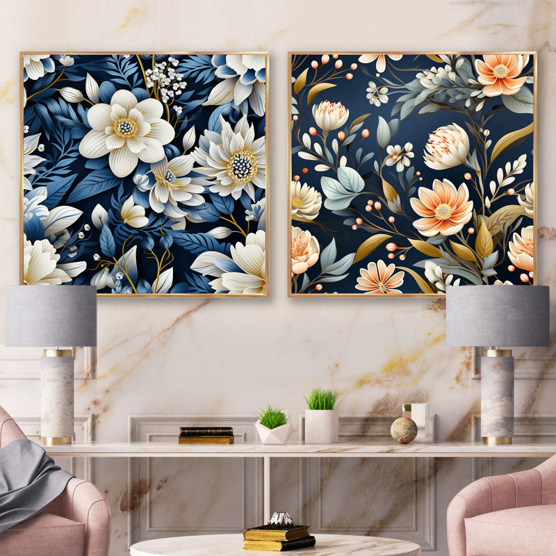 Motif floral blanc et bleu Magnolias, Cadre flottant doré, H 16 po x l 33 po