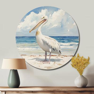 «Glide Of Serenity Pelican On The Beach II», art mural moderne en métal blanc, impression héron ronde