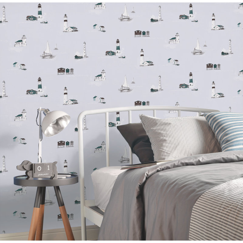 Deauville 2 Nautical Lighthouse and Sailboats 33' L x 21" W Smooth Wallpaper Roll, Green/Gray/White