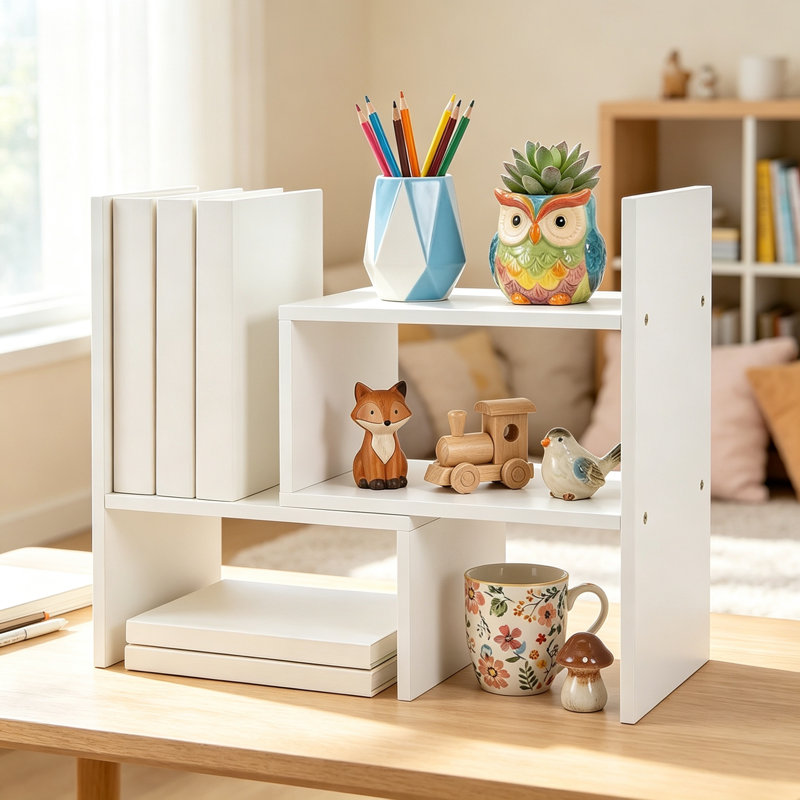 White Adjustable Wooden Desk Shelf