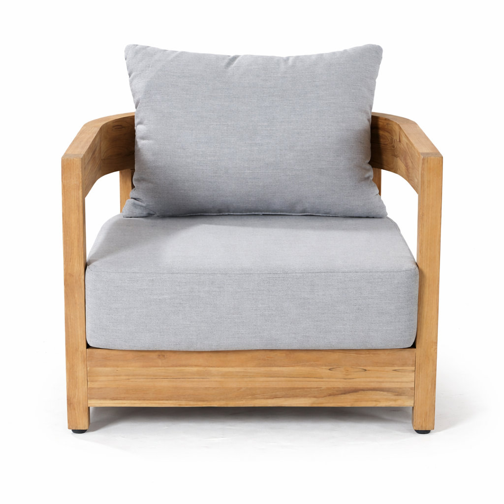 Everlee Solid Teak Curved-Back Patio Club Chair With Sunbrella Cushions, Gray