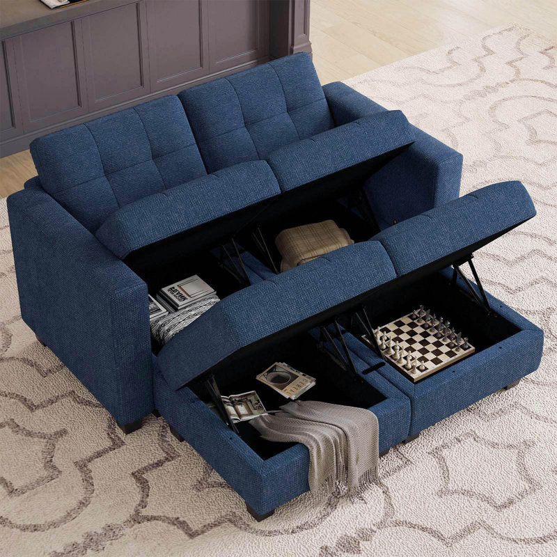 Canapé-lit modulaire rembourré en polyester avec rangement capitonné 63,8 po Ayden Hunsicker, Mélange de lin bleu