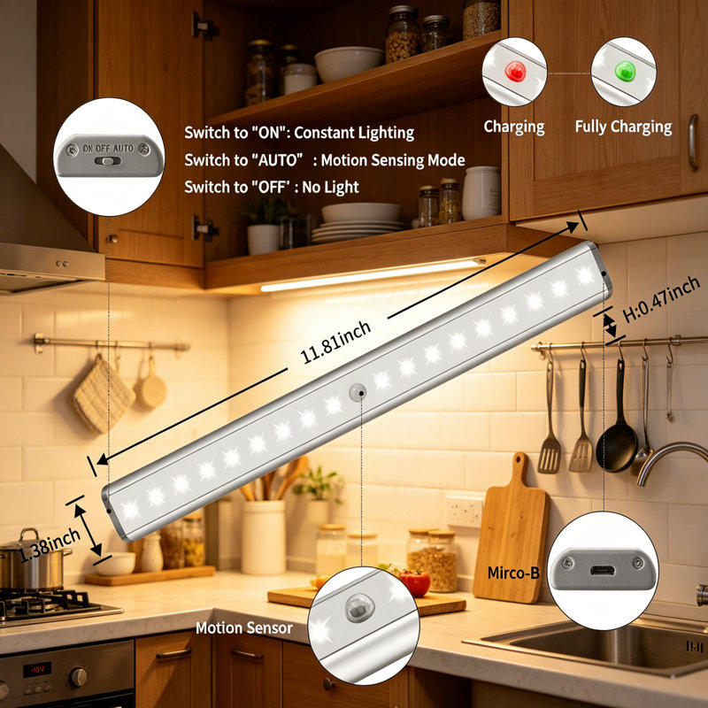 YIGER 4PCS 11.8" Wireless Rechargeable Motion Sensor LED Under Cabinet Lights 6500K Kitchen Lighting