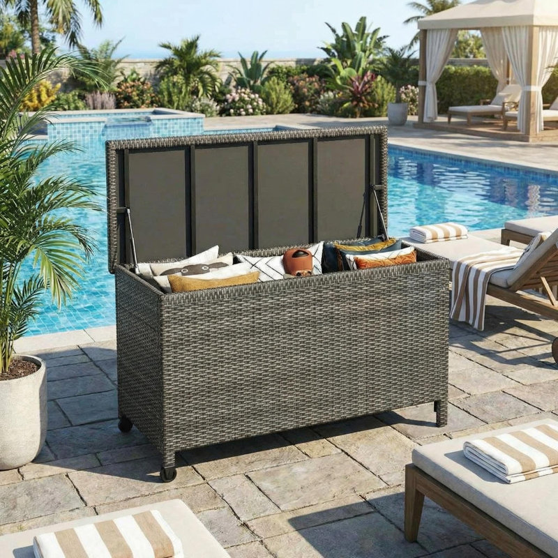 120 Gallon Outdoor Storage Box – Waterproof PE Rattan Wicker Deck Box with Lockable Lid & Gas Strut, All-Weather Resin Storage Chest for Cushions, Garden Tools & Pool Supplies