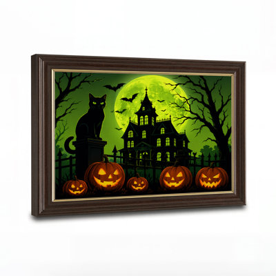 Spooky Haunted House With Pumpkins And Black Cat Halloween Canvas Wall Art