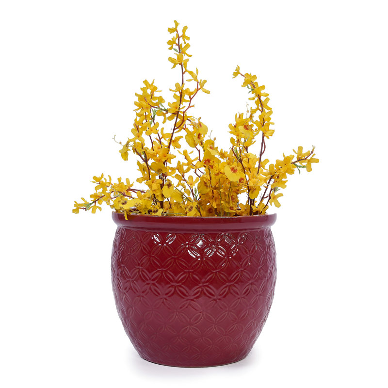 Red Ceramic Planter Of 3 For Patio, Garden Or Windowsill, Modern Design With Glossy Finish, All-Weather , Drainage Hole Plant Growth, 14.69 Inches Wide, Deep, 13.08 High, 49.01 Pounds Flowerpots