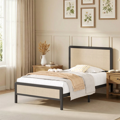 Metal Bed Frame with Rattan Headboard